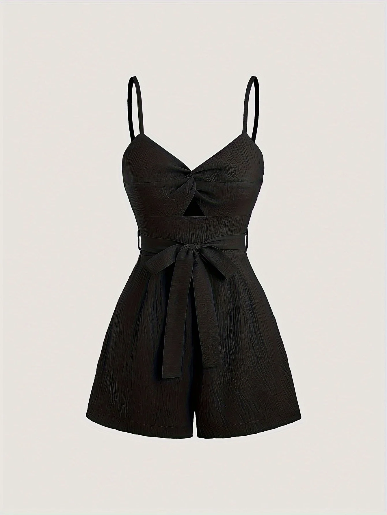 Black twist cutout cami romper,French style waist tie black short jumpsuit,Designer knot tie strap jumpsuit
Black twist cutout cami romper,French style waist tie black short jumpsuit,Designer knot tie strap jumpsuit