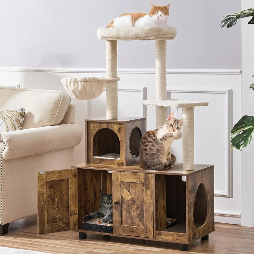 Cat Tree, 53in Cat Tower with Wood Litter Box Enclosure, 2-in-1 Cat Tree with Condo, Scratching Posts, Perch, Customized
Cat Tree, 53in Cat Tower with Wood Litter Box Enclosure, 2-in-1 Cat Tree with Condo, Scratching Posts, Perch, Customized
