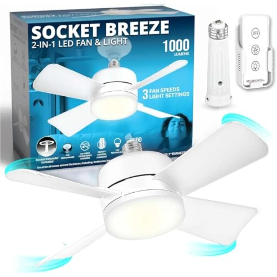 Socket Breeze 15.4" Socket Fan Light 5-Speed Deluxe Model Portable Low Profile Ceiling Fans with Lights and Remote Control For
Socket Breeze 15.4" Socket Fan Light 5-Speed Deluxe Model Portable Low Profile Ceiling Fans with Lights and Remote Control For