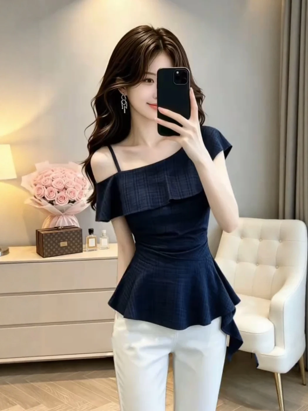Elegant Blue Plaid Shirt Women's Summer New Unique Beautiful Gigantic Good Looking Slope Shoulder Lace Trim Top
Elegant Blue Plaid Shirt Women's Summer New Unique Beautiful Gigantic Good Looking Slope Shoulder Lace Trim Top