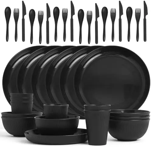 36-Piece Wheat Straw Dinnerware Set for 6 – Microwave & Dishwasher Safe, Unbreakable Camping Dishes (Black)
36-Piece Wheat Straw Dinnerware Set for 6 – Microwave & Dishwasher Safe, Unbreakable Camping Dishes (Black)