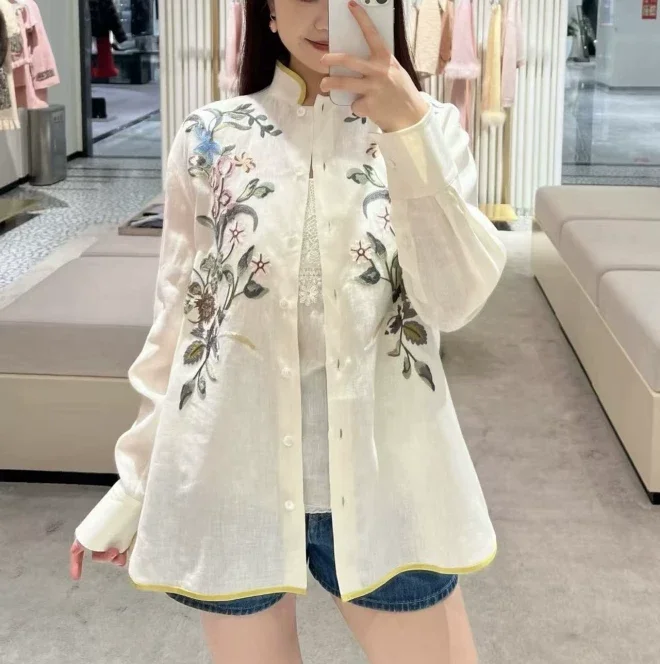 2026 New Arrival Women's Beige Linen Shirt Fashion Vintage Stand Collar Long Sleeve Embroidered Tops
2026 New Arrival Women's Beige Linen Shirt Fashion Vintage Stand Collar Long Sleeve Embroidered Tops