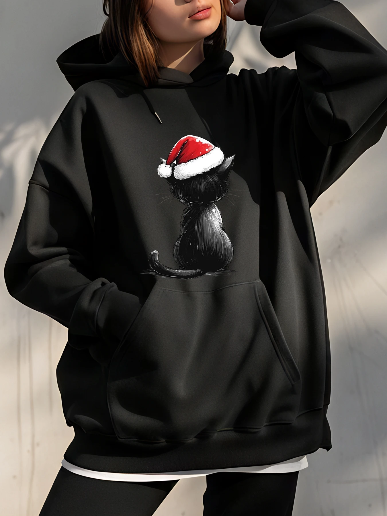 Рождественская толстовка с котом, черная флисовая толстовка, женская повседневная зимняя одежда, праздничный пуловер с животным принтом, пальто
Рождественская толстовка с котом, черная флисовая толстовка, женская повседневная зимняя одежда, праздничный пуловер с животным принтом, пальто