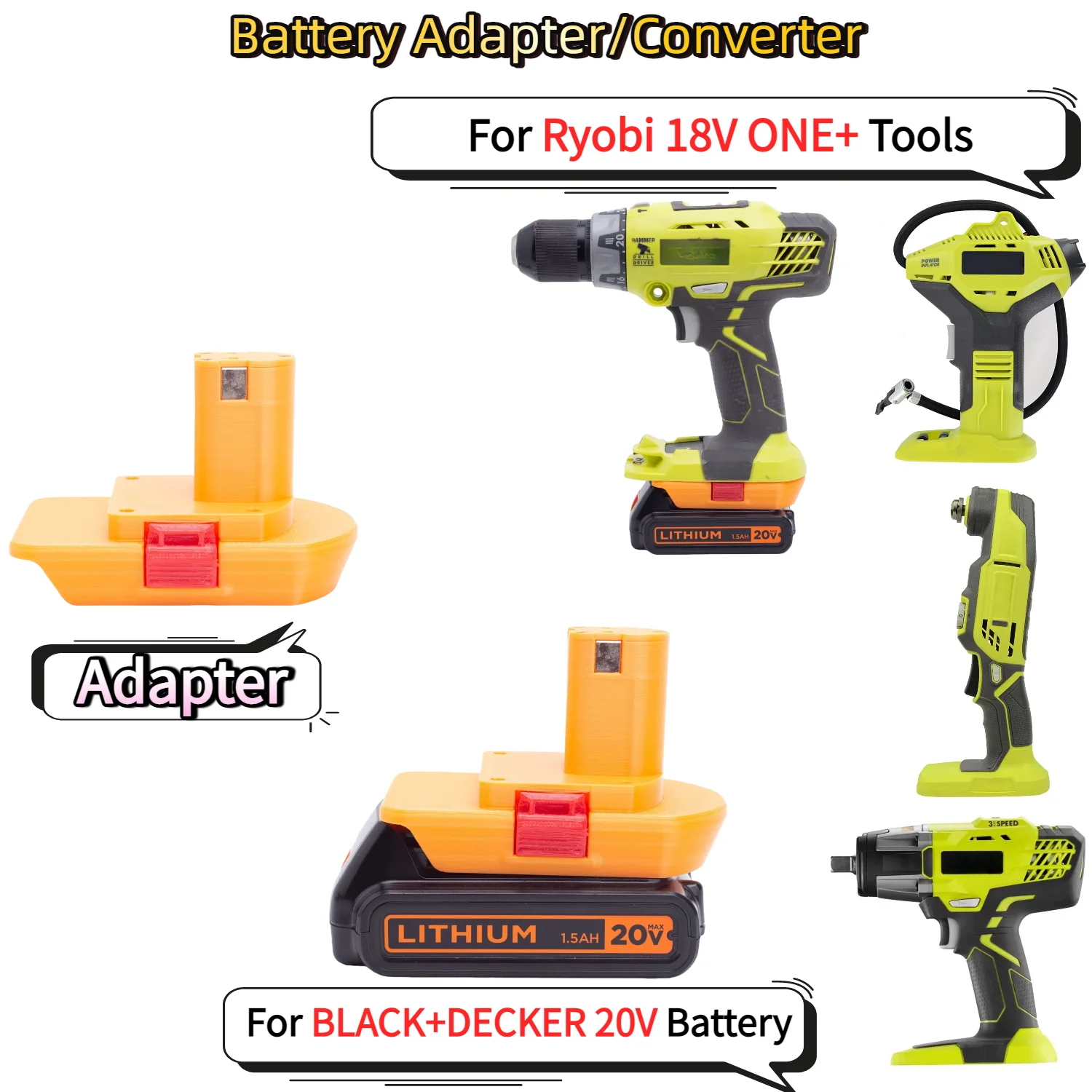 Адаптер/конвертер для аккумуляторов BLACK+DECKER 20V Series Li-ion для беспроводных электроинструментов Ryobi 18V ONE+ Series (только адаптер)
Адаптер/конвертер для аккумуляторов BLACK+DECKER 20V Series Li-ion для беспроводных электроинструментов Ryobi 18V ONE+ Series (только адаптер)