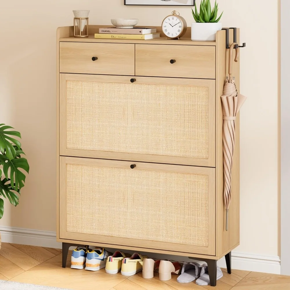 Narrow wooden shoe cabinet with 2 flip drawers and 2 drawers, independent hidden shoe cabinet with metal legs
Narrow wooden shoe cabinet with 2 flip drawers and 2 drawers, independent hidden shoe cabinet with metal legs