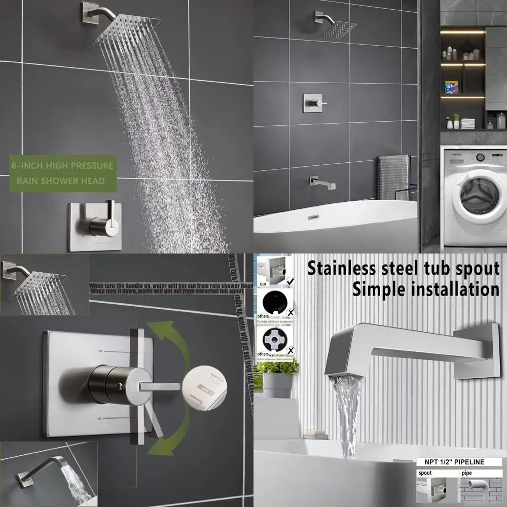 6-Inch Brushed Nickel Tub and Shower Faucet Combo Set with Shower System
6-Inch Brushed Nickel Tub and Shower Faucet Combo Set with Shower System