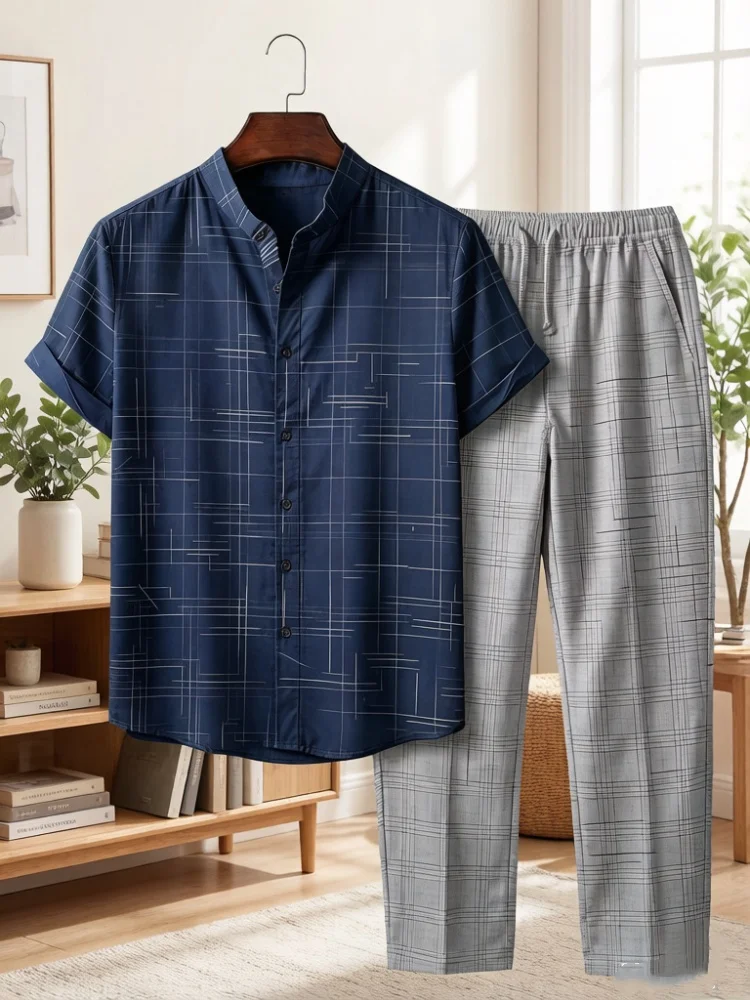 Men Summer Stand Collar Short Sleeve Shirt Long Pants Set Plaid Print Business Casual Outfit
Men Summer Stand Collar Short Sleeve Shirt Long Pants Set Plaid Print Business Casual Outfit