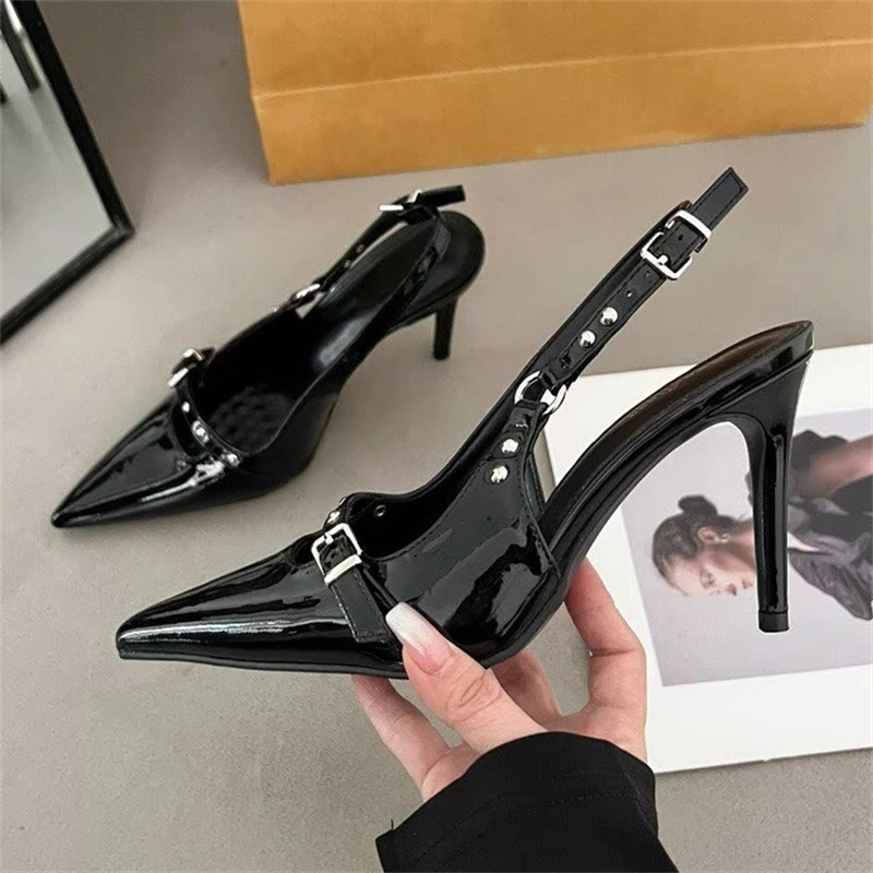 Aneikeh Patent Leather Rivet Designer Narrow Band Slingbacks Women Pumps Sandals Black High Heels Pointed Toe Party Dress Shoes
Aneikeh Patent Leather Rivet Designer Narrow Band Slingbacks Women Pumps Sandals Black High Heels Pointed Toe Party Dress Shoes