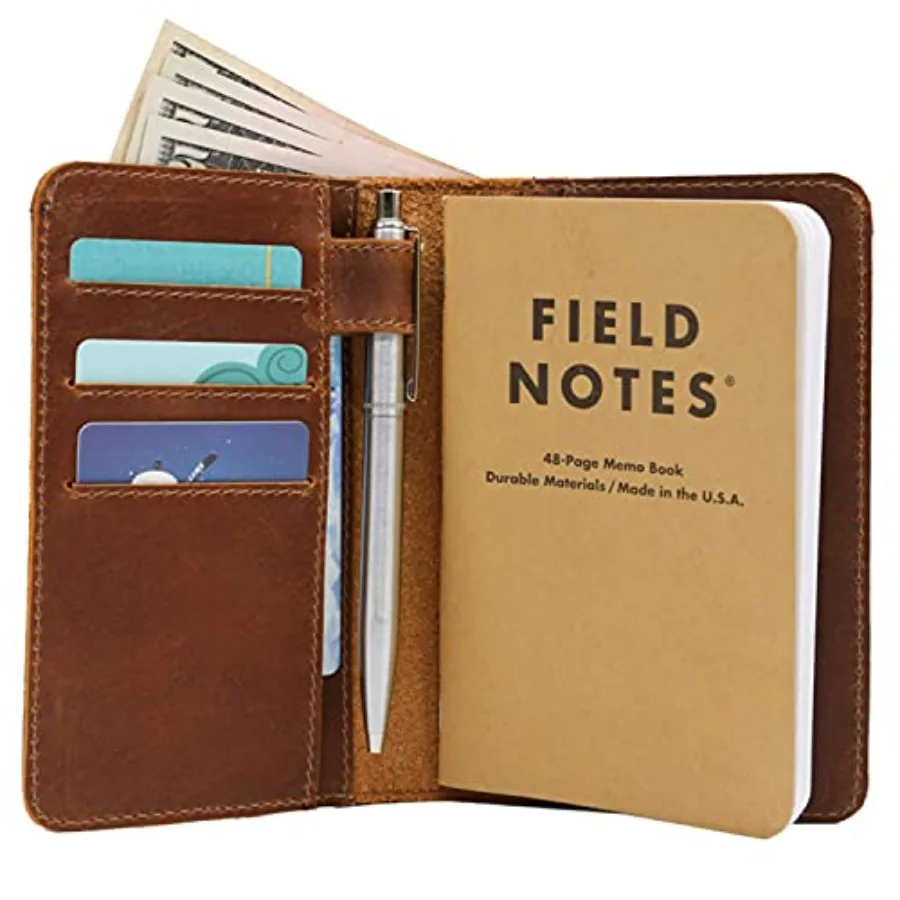 Leather field notes wallet cover for memo pocket sized notebook, fits 3.5" x 5.5" notebooks, separate pocket for cash, real top
Leather field notes wallet cover for memo pocket sized notebook, fits 3.5" x 5.5" notebooks, separate pocket for cash, real top