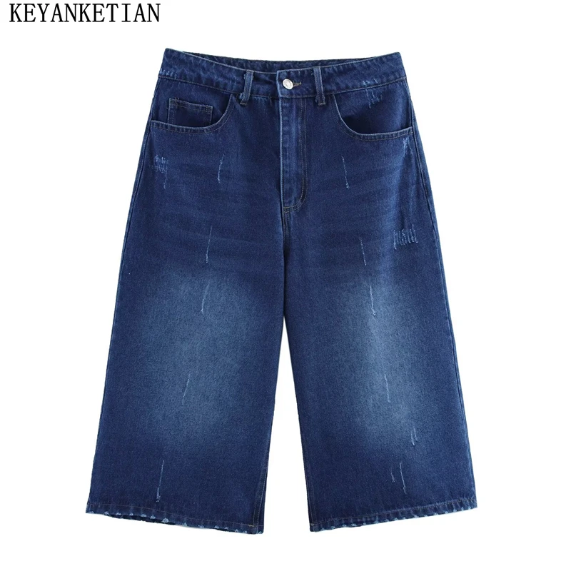 KEYANKETIAN Summer New Women's Dark blue Denim Quarter Pants Leisure style Zipper High Waist Loose Straight Pants Middle Pants
KEYANKETIAN Summer New Women's Dark blue Denim Quarter Pants Leisure style Zipper High Waist Loose Straight Pants Middle Pants