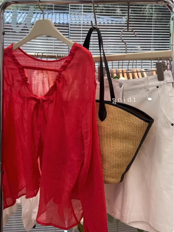Korean Style White Enhancing Red Long Sleeve Double Sided Wear V Neck Tied Hemp Sun Protection Shirt Women Summer Thin Shirt
Korean Style White Enhancing Red Long Sleeve Double Sided Wear V Neck Tied Hemp Sun Protection Shirt Women Summer Thin Shirt