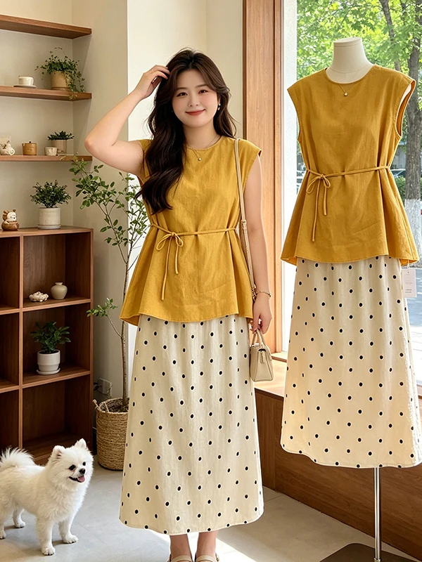 plus Size Summer Slimming Polka Dot Tie round Neck Sleeveless Women's Set High Waist Midi Skirt Fashionable Commute Style
plus Size Summer Slimming Polka Dot Tie round Neck Sleeveless Women's Set High Waist Midi Skirt Fashionable Commute Style