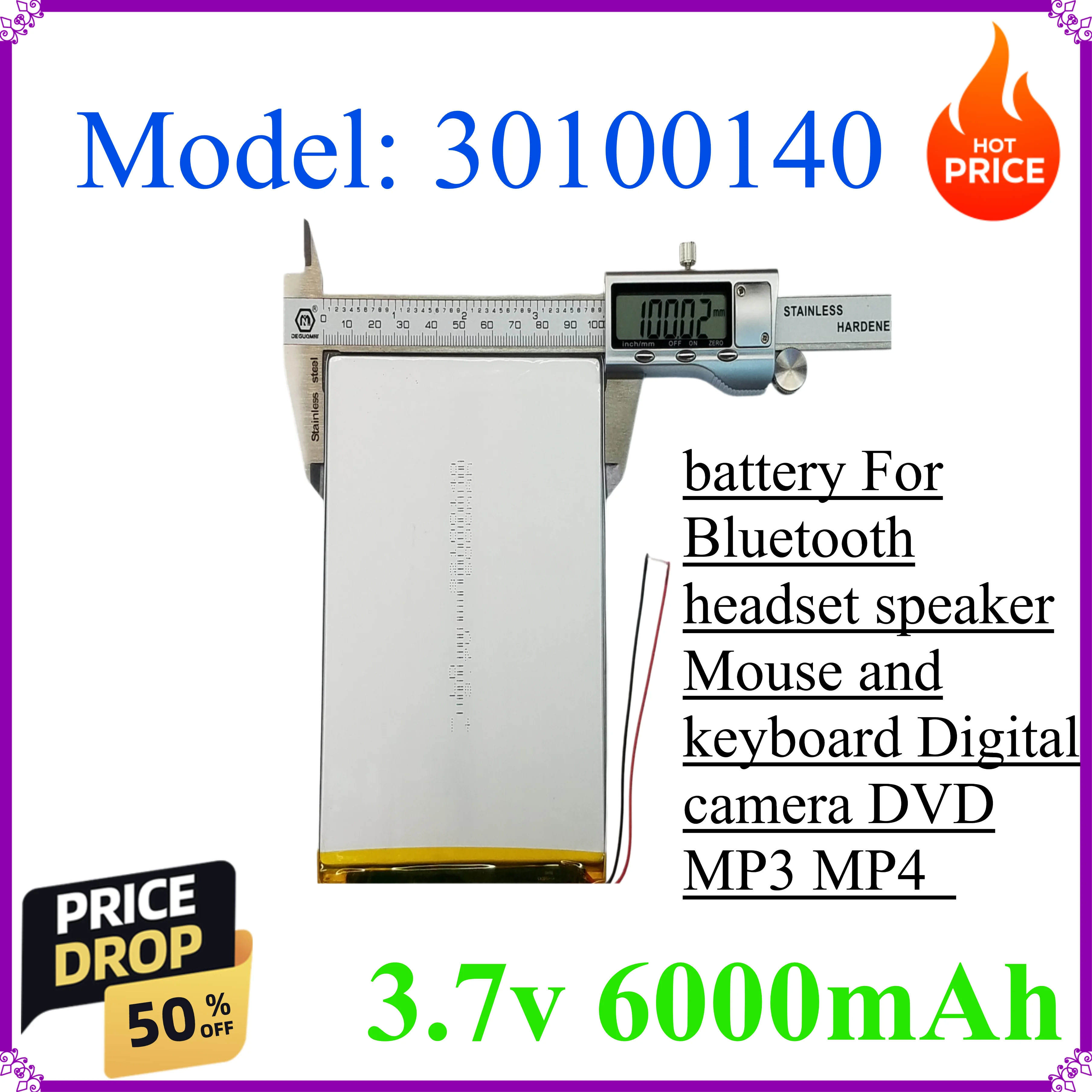 30100140 3.7v Li Polymer lithium battery 6000mAh For Bluetooth headset speaker Mouse and keyboard Digital camera DVD MP3 MP4
30100140 3.7v Li Polymer lithium battery 6000mAh For Bluetooth headset speaker Mouse and keyboard Digital camera DVD MP3 MP4