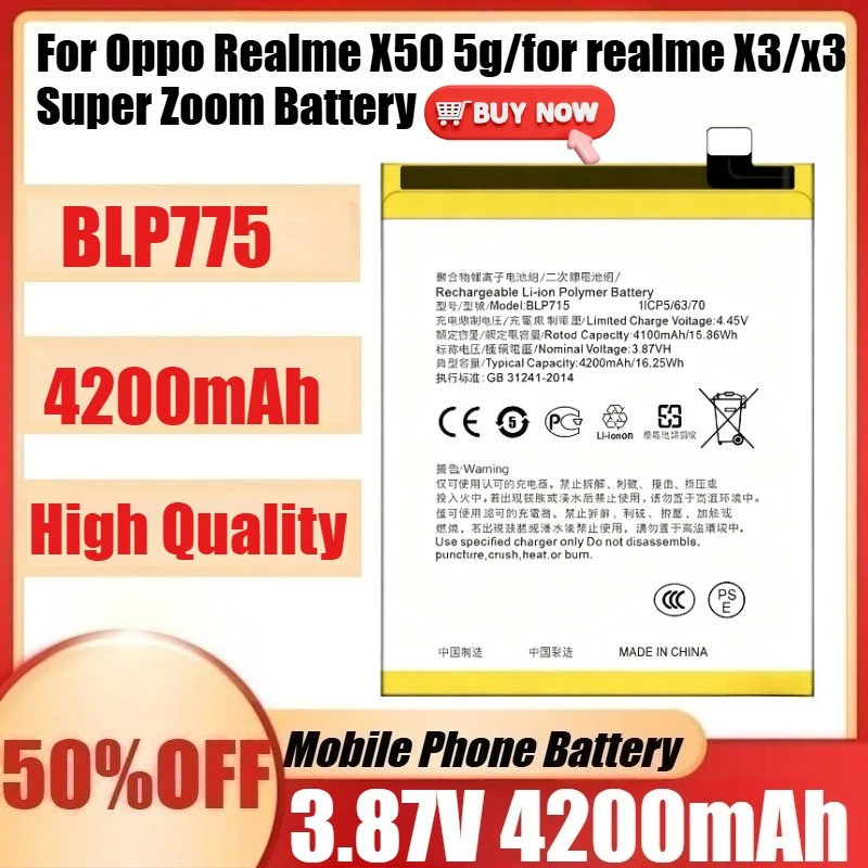 New BLP775 3.8V 4200mAh Battery for Oppo Realme X50 5g/realme X3/x3 Super Zoom Replacement Batteries Batteria+Tools
New BLP775 3.8V 4200mAh Battery for Oppo Realme X50 5g/realme X3/x3 Super Zoom Replacement Batteries Batteria+Tools