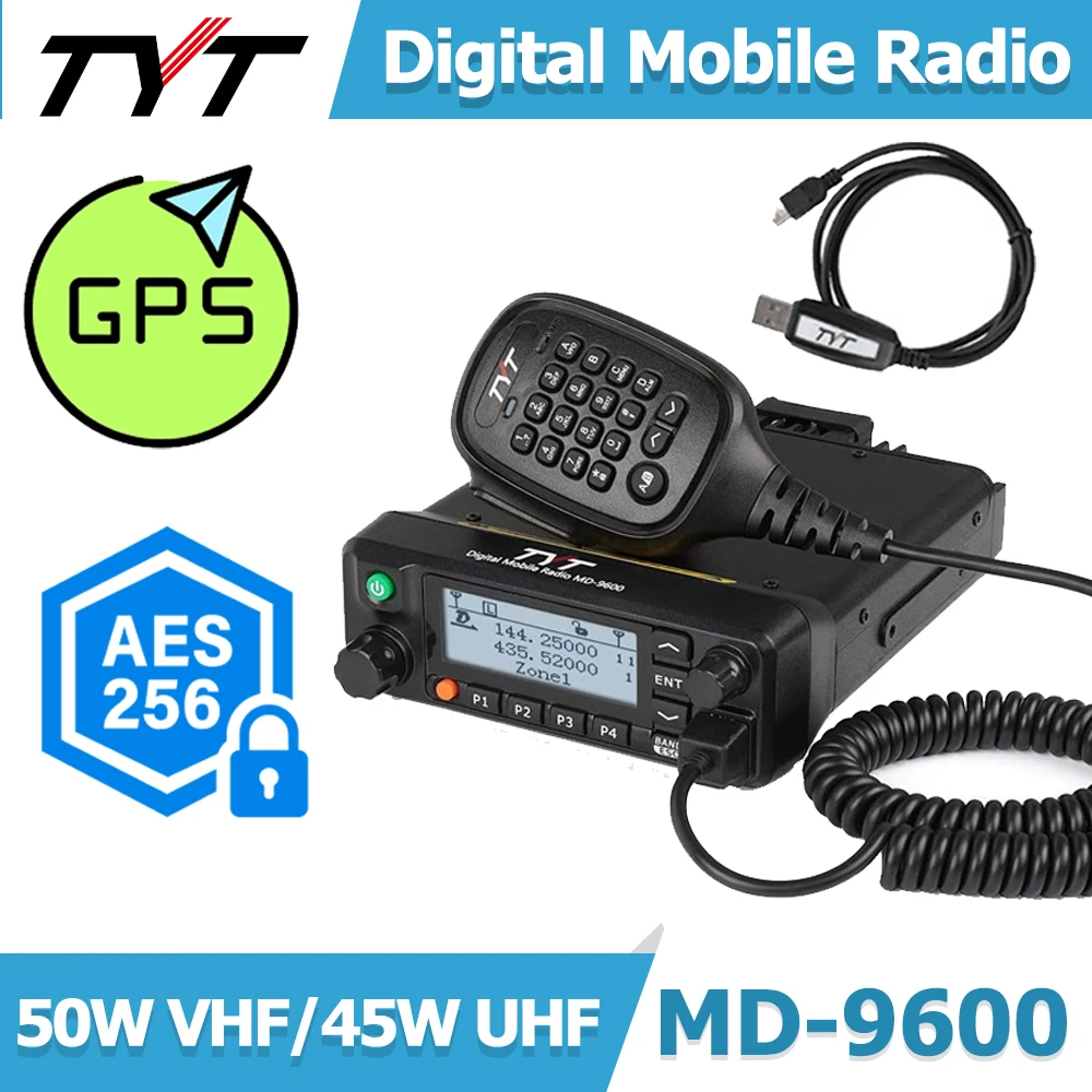 TYT MD-9600 DMR Mobile Radio GPS AES256 Encrypted UHF/VHF Dual Band 50W 1000CH 136-174MHz&400-480MHz Transceiver
TYT MD-9600 DMR Mobile Radio GPS AES256 Encrypted UHF/VHF Dual Band 50W 1000CH 136-174MHz&400-480MHz Transceiver