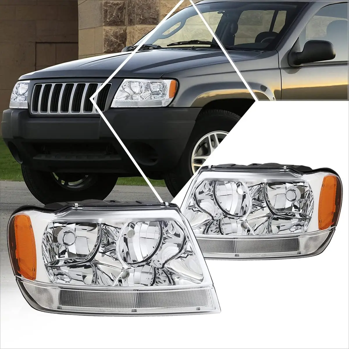 Pair of Headlights Assembly Set Compatible with 99-04 Jeep Grand Cherokee WJ,Chrome Housing/Amber Corner
Pair of Headlights Assembly Set Compatible with 99-04 Jeep Grand Cherokee WJ,Chrome Housing/Amber Corner