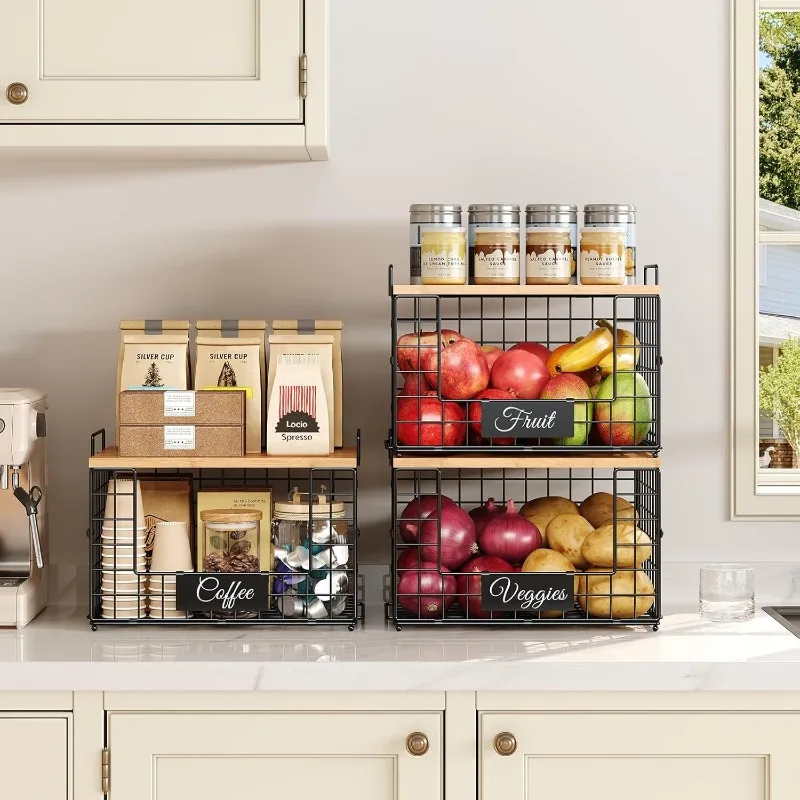 Kitchen storage basket Two-layer tabletop Storage basket with wooden boards Stackable wire basket 
Kitchen storage basket Two-layer tabletop Storage basket with wooden boards Stackable wire basket