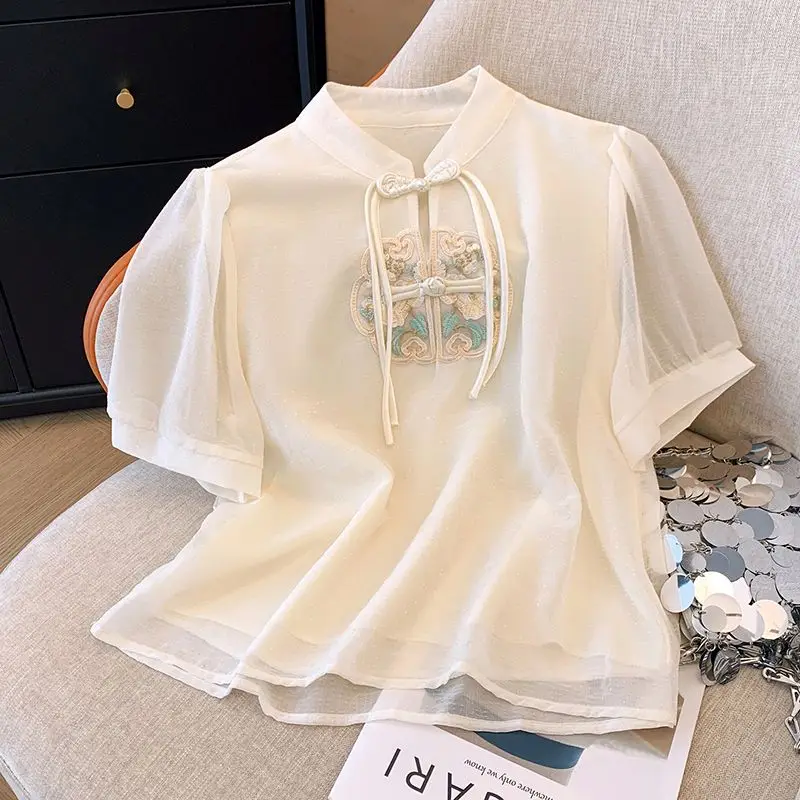 New Chinese Style Embroidered Chiffon Short Sleeve Shirt Women Summer plus Size Slimming Button up Top for Women
New Chinese Style Embroidered Chiffon Short Sleeve Shirt Women Summer plus Size Slimming Button up Top for Women
