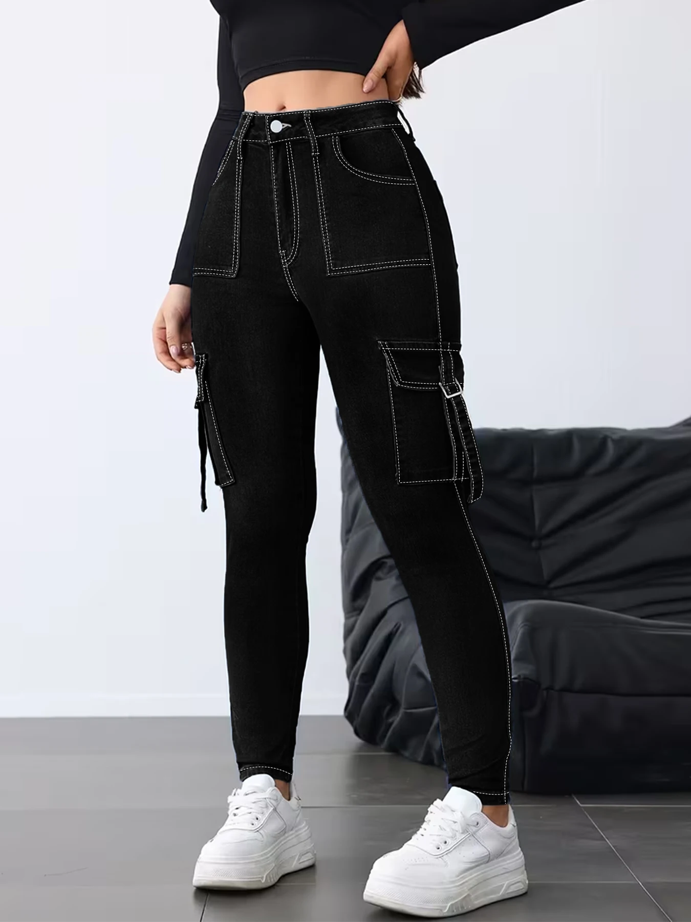 Women's Black High Waist Skinny Jeans with Contrast Stitching, Multi Cargo Pockets & Strappy Details for Street Style
Women's Black High Waist Skinny Jeans with Contrast Stitching, Multi Cargo Pockets & Strappy Details for Street Style