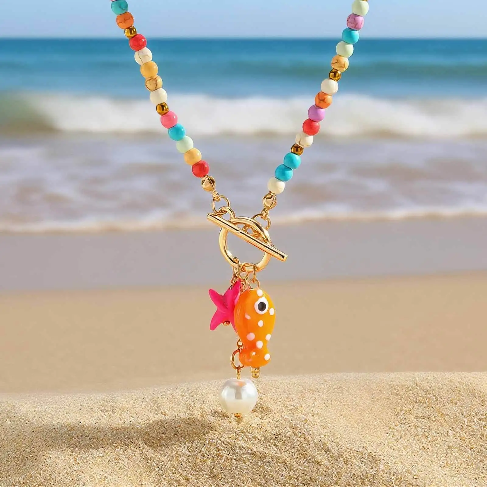 Women's Charms Ceramic Fish Starfish Pendant Necklace, Bohemian Colorful Beaded Chain OT Buckle Necklace Surf Jewelry
Women's Charms Ceramic Fish Starfish Pendant Necklace, Bohemian Colorful Beaded Chain OT Buckle Necklace Surf Jewelry
