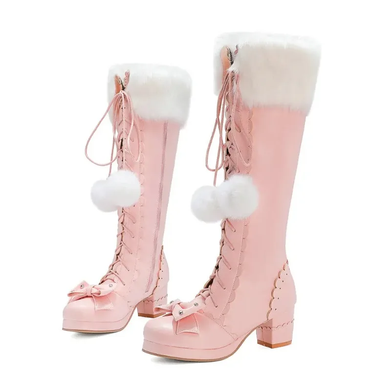 Lolita High Boots Winter Warm Fur Neck Girls Cosplay Party JK Princess Shoes Lace Up Bowtie Chunky Heel Side Zipper PU Leather
Lolita High Boots Winter Warm Fur Neck Girls Cosplay Party JK Princess Shoes Lace Up Bowtie Chunky Heel Side Zipper PU Leather