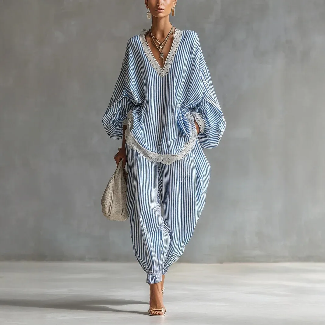 Spring Puff Long Sleeve Top Pullover & Pants Sets Woman Elegant Striped Print Patchwork Lace Outfits Summer Bohemian Beach Suits
Spring Puff Long Sleeve Top Pullover & Pants Sets Woman Elegant Striped Print Patchwork Lace Outfits Summer Bohemian Beach Suits