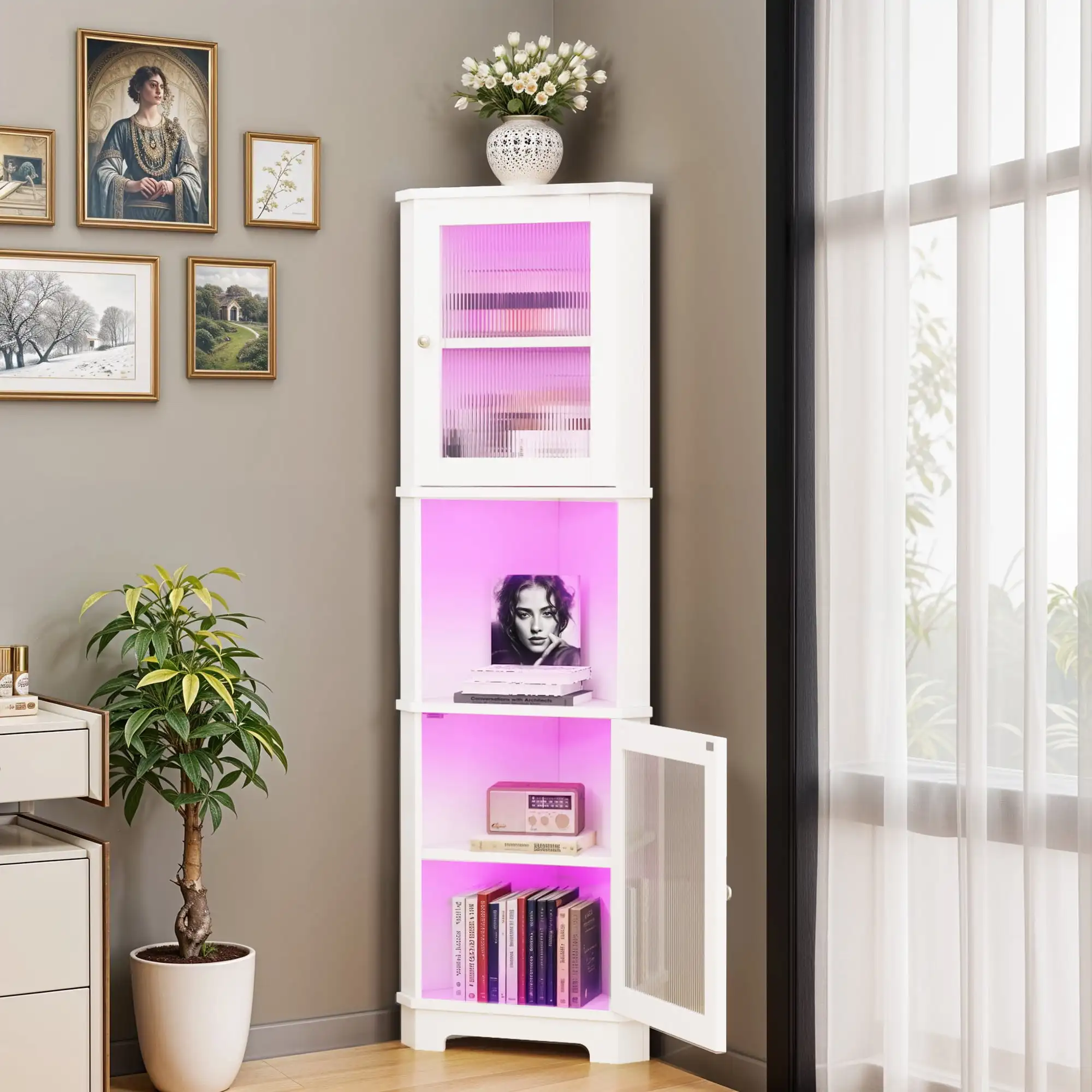 67"Tall Corner Storage Cabinet with Door & LED Light, 5 Tier Corner Bookcase Cabinet, White
67"Tall Corner Storage Cabinet with Door & LED Light, 5 Tier Corner Bookcase Cabinet, White