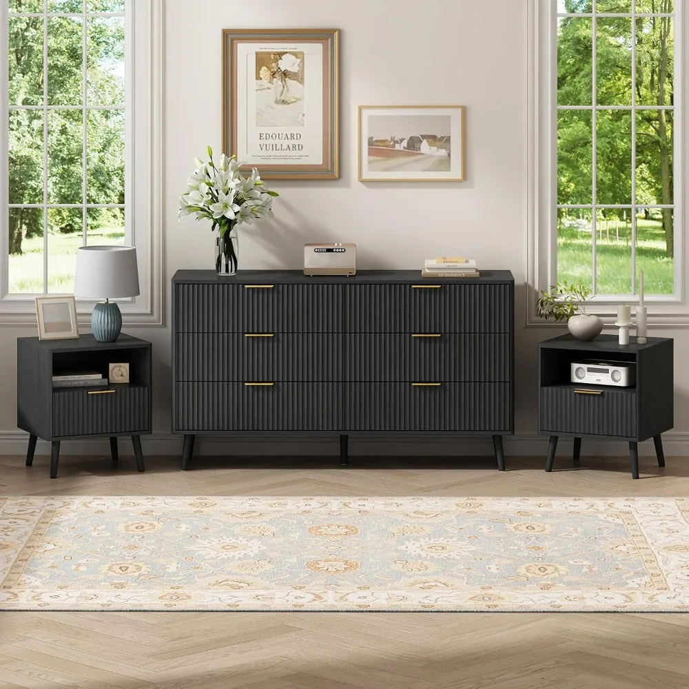 "black 3-piece bedroom furniture set: 6-drawer dresser and pair of gold-accented nightstands"
"black 3-piece bedroom furniture set: 6-drawer dresser and pair of gold-accented nightstands"