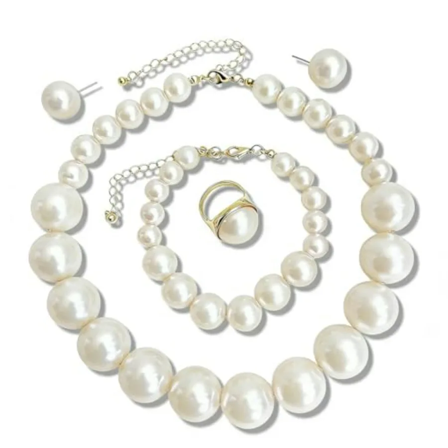 Elegant Pearl Jewelry Set with Earrings, Necklace, Bracelet and Ring, Large Faux Pearl Beads, Classic Statement Accessories for
Elegant Pearl Jewelry Set with Earrings, Necklace, Bracelet and Ring, Large Faux Pearl Beads, Classic Statement Accessories for