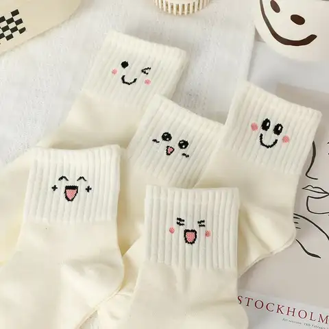 5足組 ホワイト レディース ショートチューブソックス 春秋のかわいい表情 笑顔 レディースソックス 秋に多用途