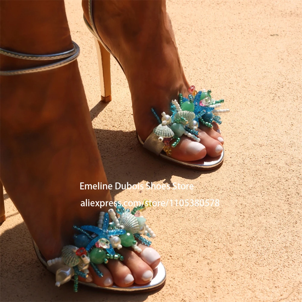 Seashell Starfish Thin High Heel Sandals Beaded Decor Ankle Cross Strap Open Toe Stilettos Women Shoes for Summer Beach Party
Seashell Starfish Thin High Heel Sandals Beaded Decor Ankle Cross Strap Open Toe Stilettos Women Shoes for Summer Beach Party