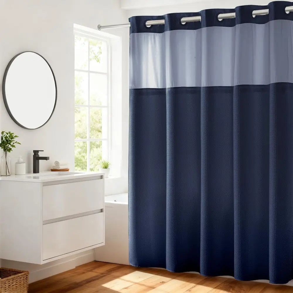 Heavyweight Navy Blue No Hooks Required Dotted Wale Weave Shower Curtain with Snap in Liner - 71W x 74H,Hotel Grade,Spa Like Bat
Heavyweight Navy Blue No Hooks Required Dotted Wale Weave Shower Curtain with Snap in Liner - 71W x 74H,Hotel Grade,Spa Like Bat