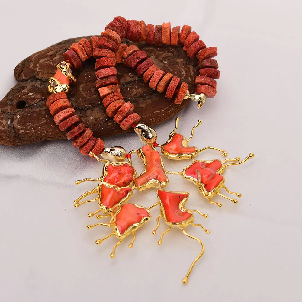 G-G Natural Red Orange Coral Bamboo Nugget Brushed Beads Necklace Big Gold Plated Coral Flower Pendant
G-G Natural Red Orange Coral Bamboo Nugget Brushed Beads Necklace Big Gold Plated Coral Flower Pendant