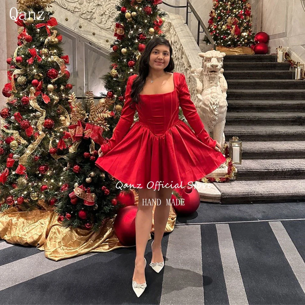 Qanz Short Prom Dresses Long Sleeves Red Satin Christmas Dress for Party Backless with Bow Vestidos De Graduación Customized
Qanz Short Prom Dresses Long Sleeves Red Satin Christmas Dress for Party Backless with Bow Vestidos De Graduación Customized