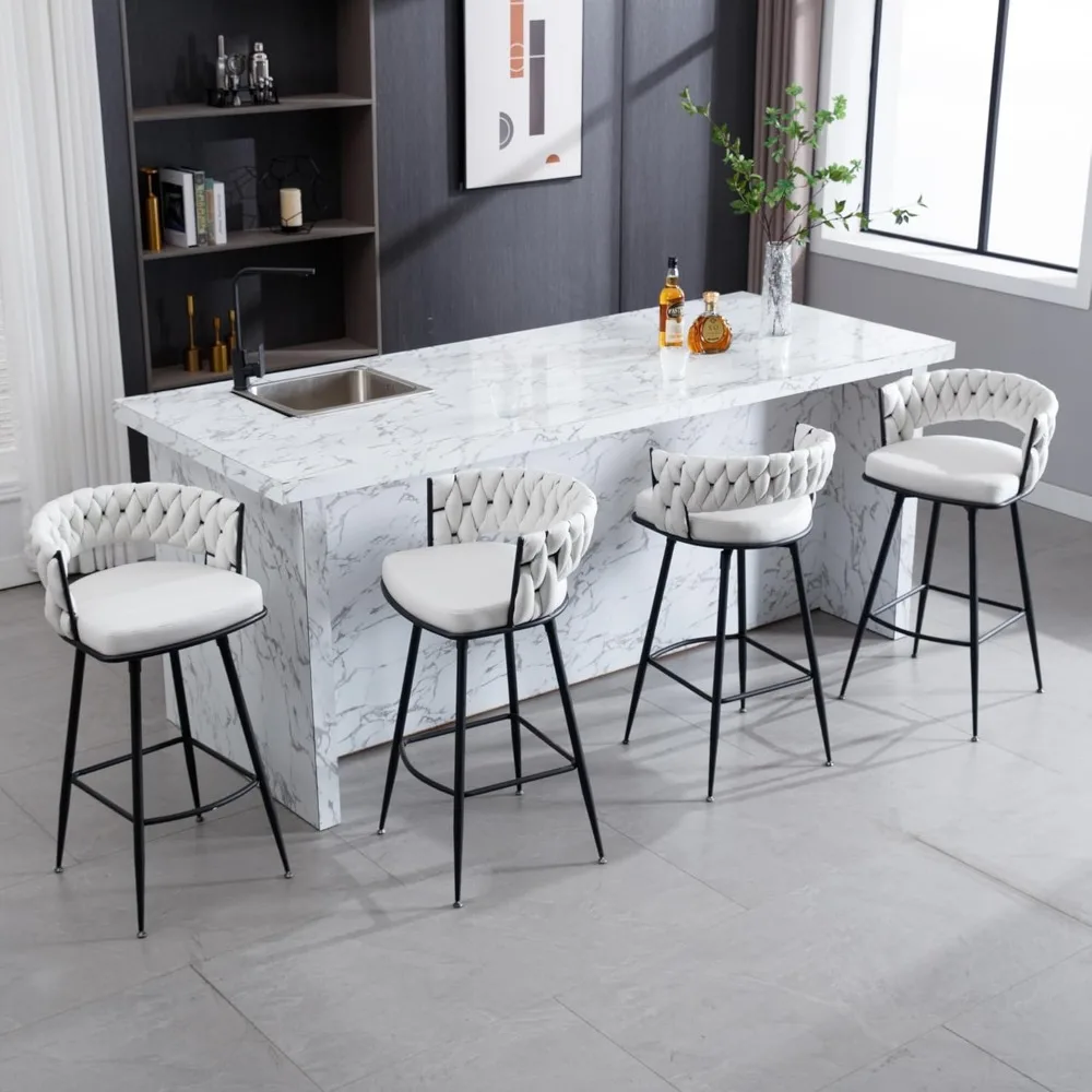 Mid Century Modern Bar Stools Set of 4, Woven Back, 180 Swivel, 26" Seat Height, Black, White, Leather Seat
Mid Century Modern Bar Stools Set of 4, Woven Back, 180 Swivel, 26" Seat Height, Black, White, Leather Seat
