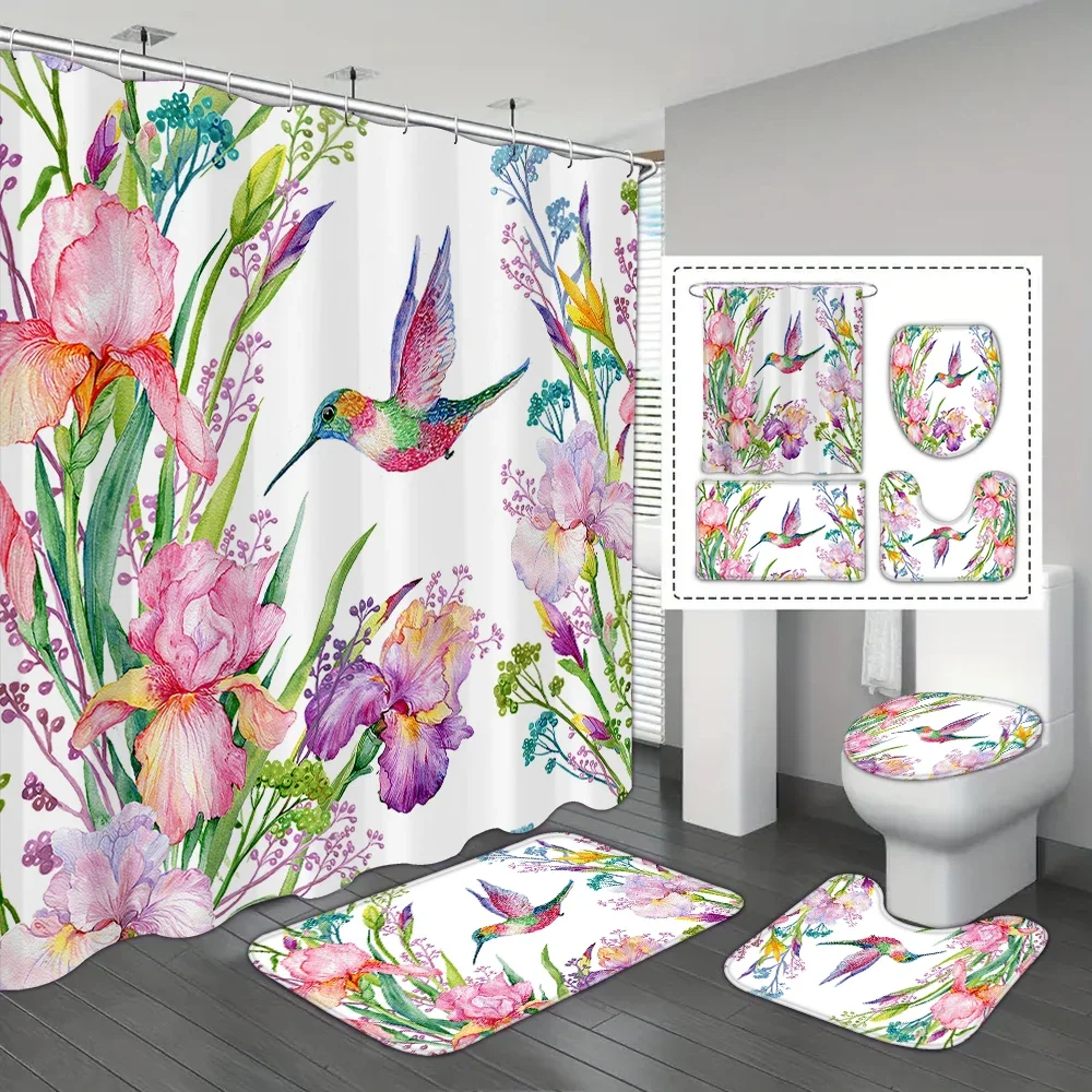 4-piece set of colorful magpie and floral printed waterproof shower curtains, with 12 hooks and bathroom floor mats
4-piece set of colorful magpie and floral printed waterproof shower curtains, with 12 hooks and bathroom floor mats