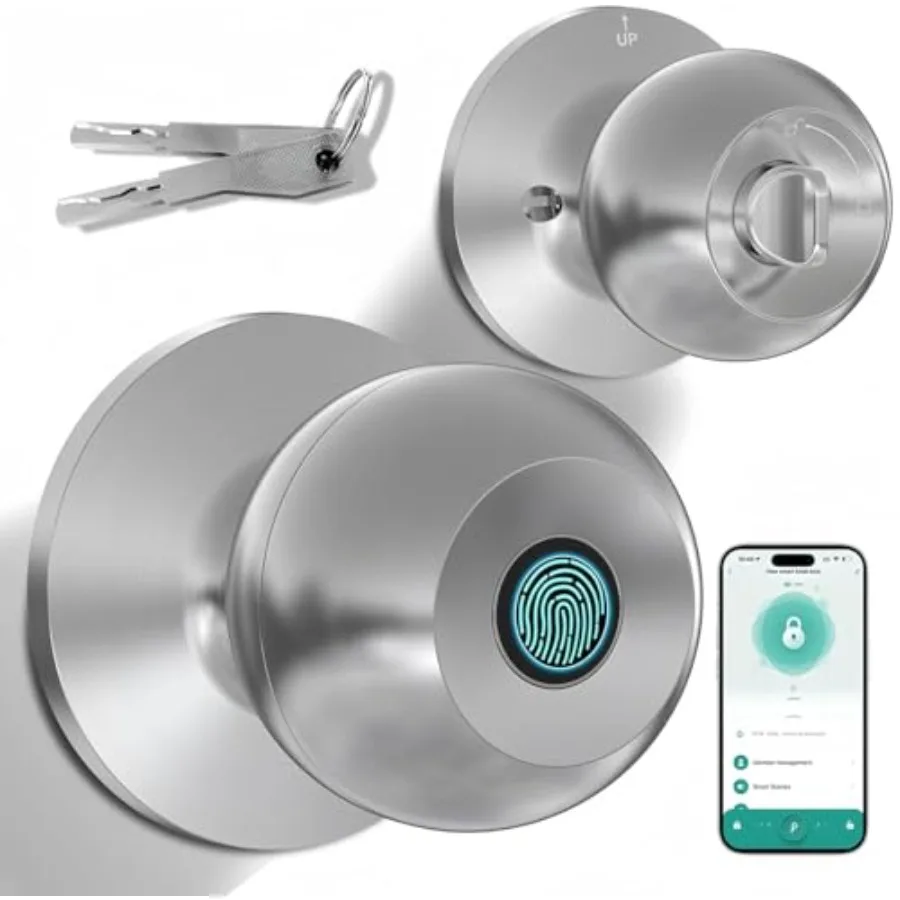 Fingerprint Door Knob Lock with App Control and Key, Smart Biometric Door Lock for Bedroom and Front Door, Type-C Emergency Cha
Fingerprint Door Knob Lock with App Control and Key, Smart Biometric Door Lock for Bedroom and Front Door, Type-C Emergency Cha