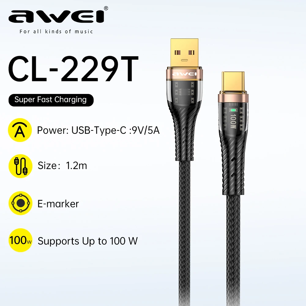 Awei CL-229T 5A USB Type C Cable For Huawei PD100W Fast Charging Wire USB-C Charger Data Cord For IPhone 15 16 Plus Pro E-marker
Awei CL-229T 5A USB Type C Cable For Huawei PD100W Fast Charging Wire USB-C Charger Data Cord For IPhone 15 16 Plus Pro E-marker