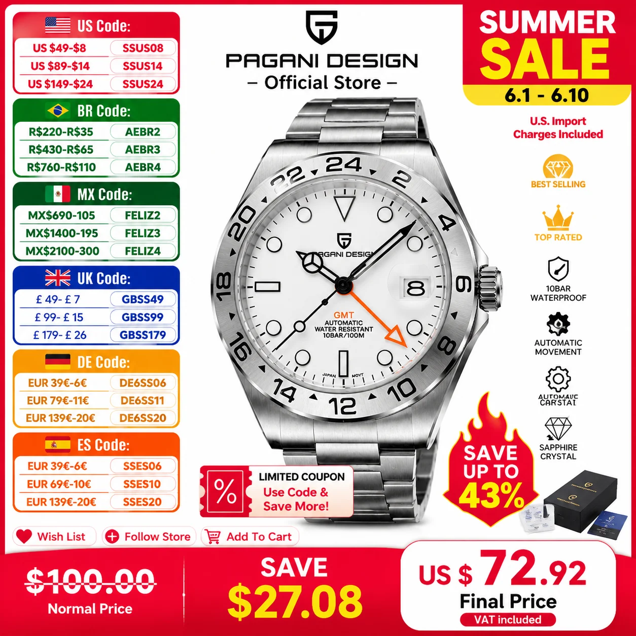 PAGANI DESIGN 2025New V2 GMT Automatic Machinery Men Watch PD1682 sapphire crystal 10Bar Waterproof StainlessSteel pagani design
PAGANI DESIGN 2025New V2 GMT Automatic Machinery Men Watch PD1682 sapphire crystal 10Bar Waterproof StainlessSteel pagani design