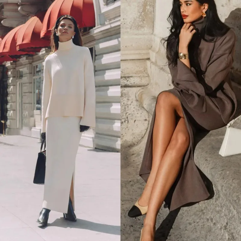 2025 Winter Women 2 Pieces Knitted Skirt Suit Soft Turtleneck Sweater Wide Skirt Casual Elegant Outfit Thick Knit Set For Ladies
2025 Winter Women 2 Pieces Knitted Skirt Suit Soft Turtleneck Sweater Wide Skirt Casual Elegant Outfit Thick Knit Set For Ladies