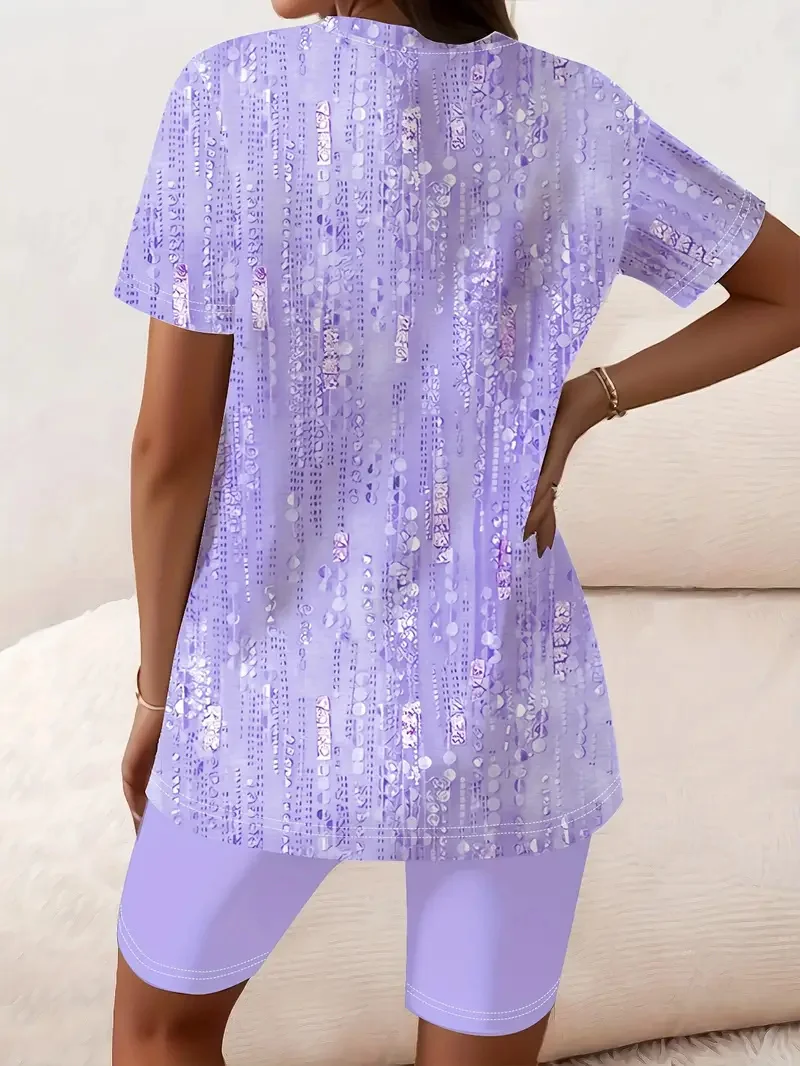 Elegant and Fashionable Casual Two-Piece Set, Geometric Pattern, Slit Short-Sleeve T-Shirt and Tight Shorts, Women's Outfit
Elegant and Fashionable Casual Two-Piece Set, Geometric Pattern, Slit Short-Sleeve T-Shirt and Tight Shorts, Women's Outfit