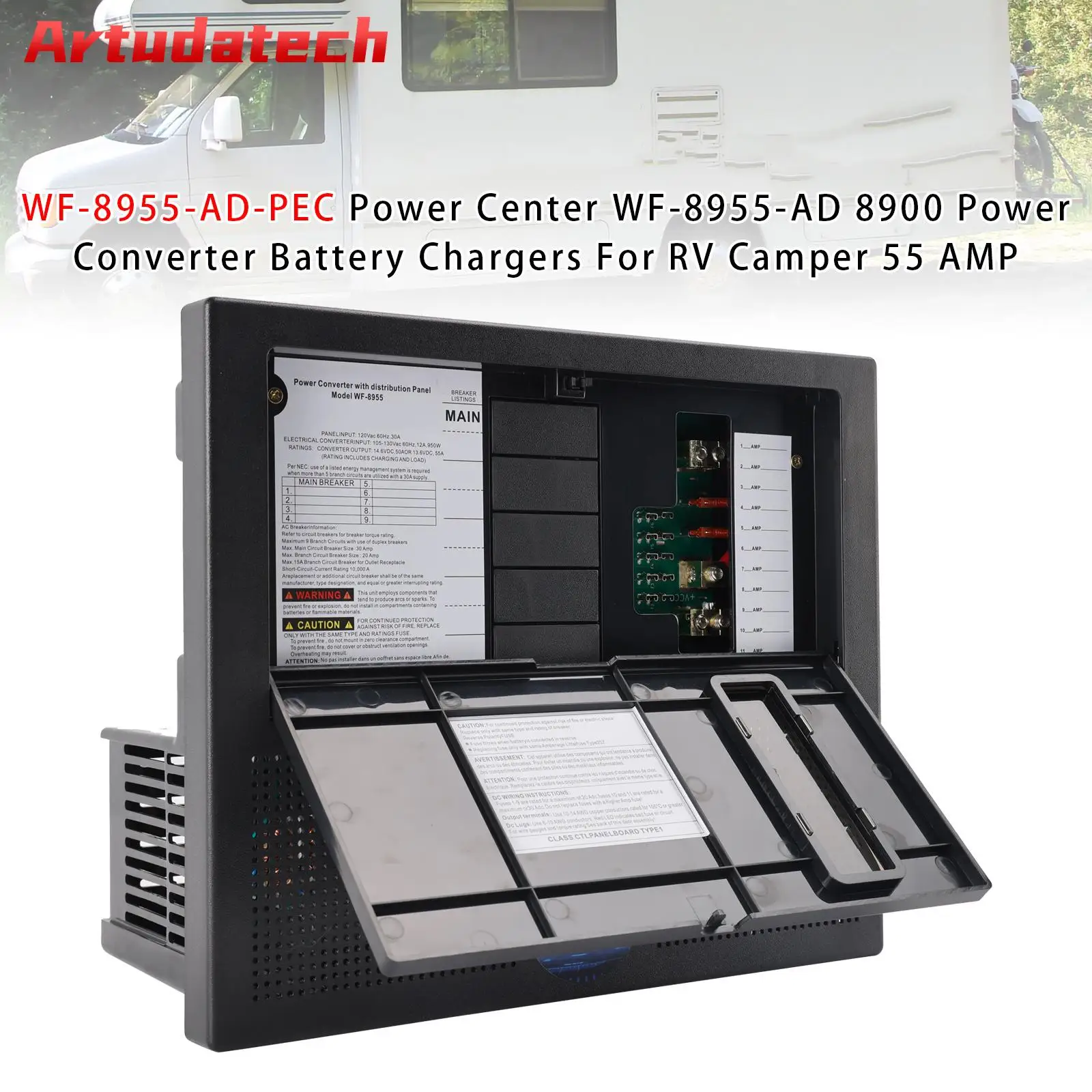 Artudatech WF-8955-AD-PEC Power Center WF-8955-AD 8900 Power Converter For RV Camper 55 AMP
Artudatech WF-8955-AD-PEC Power Center WF-8955-AD 8900 Power Converter For RV Camper 55 AMP