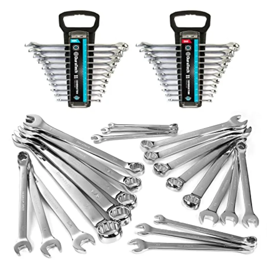 Combination Wrench Set SAE and Metric 22-piece 1/4'' to 7/8'' and 8-19mm CR-V Steel Organized in Wrench Holder
Combination Wrench Set SAE and Metric 22-piece 1/4'' to 7/8'' and 8-19mm CR-V Steel Organized in Wrench Holder
