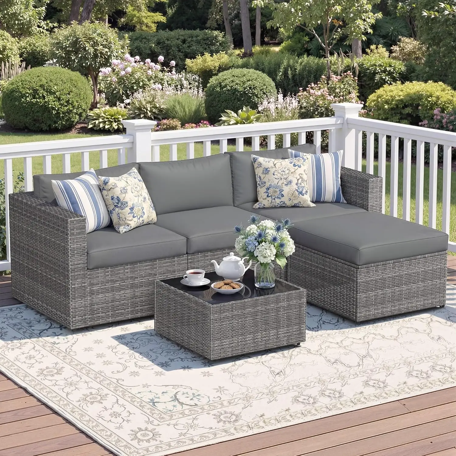 5-Pieces Outdoor Patio Furniture Set, All Weather Wicker Rattan Sectional Sofa, Patio Conversation Set with Cushions & Glass Cof
5-Pieces Outdoor Patio Furniture Set, All Weather Wicker Rattan Sectional Sofa, Patio Conversation Set with Cushions & Glass Cof