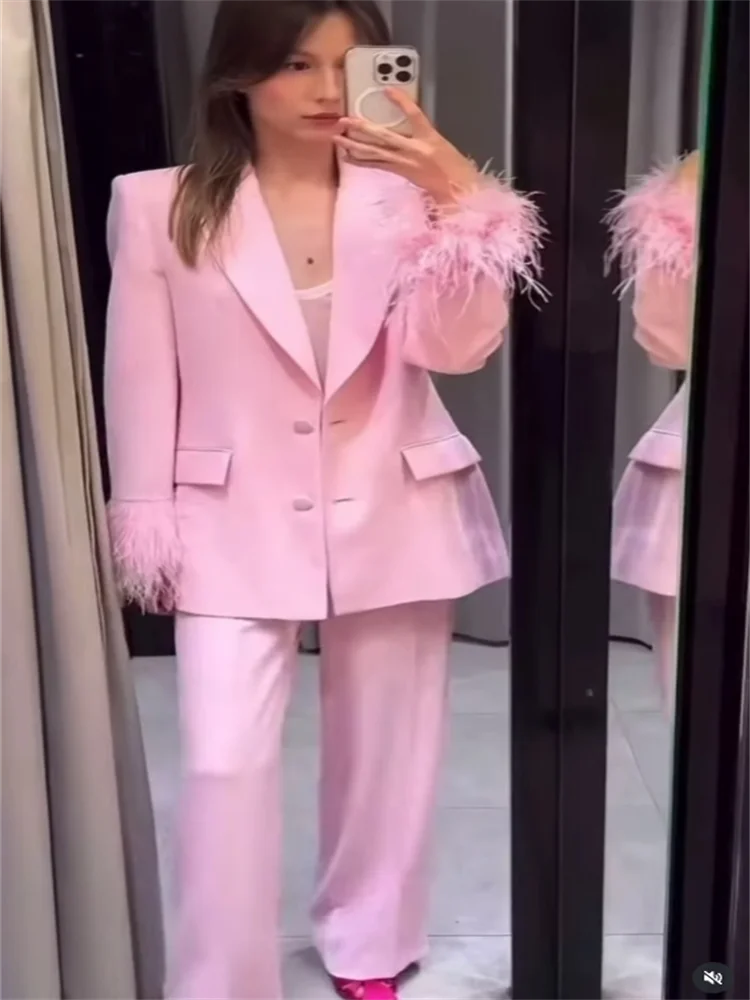 Chic Feather Women Blazer Pants Set Laple Single Breasted Waist Cinching Jacktes Wide Leg Trousers Female Suit Summer Outfits
Chic Feather Women Blazer Pants Set Laple Single Breasted Waist Cinching Jacktes Wide Leg Trousers Female Suit Summer Outfits