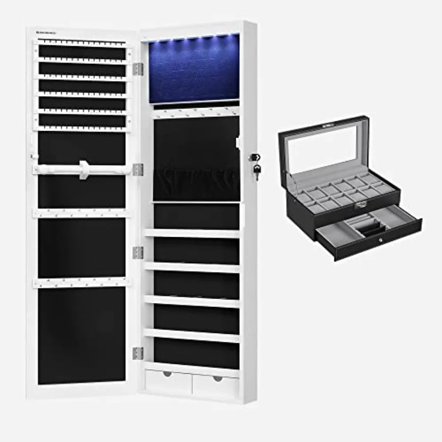 6 LEDs Mirror Jewelry Cabinet and 12-Slot Watch Box Bundle Wall Door Mounted Jewelry Armoire Organizer with Mirror and Watch Or
6 LEDs Mirror Jewelry Cabinet and 12-Slot Watch Box Bundle Wall Door Mounted Jewelry Armoire Organizer with Mirror and Watch Or