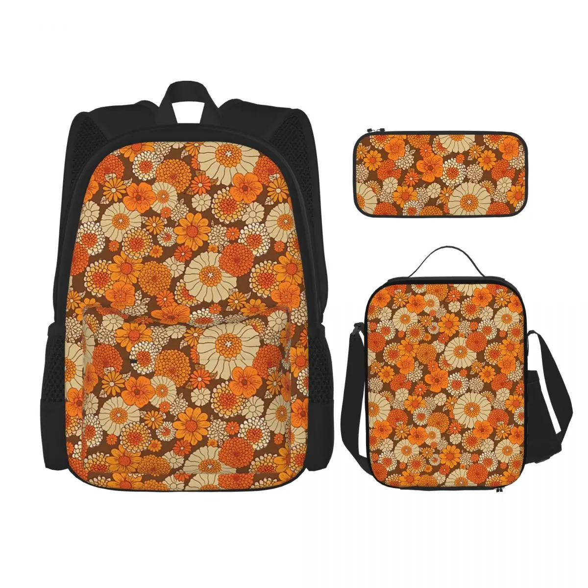 70s Daisies Vintage Flower Power Orange And Brown Boho Backpacks Bookbag School Bags Rucksack Lunch Bag Pen Bag Three-Piece Set
70s Daisies Vintage Flower Power Orange And Brown Boho Backpacks Bookbag School Bags Rucksack Lunch Bag Pen Bag Three-Piece Set