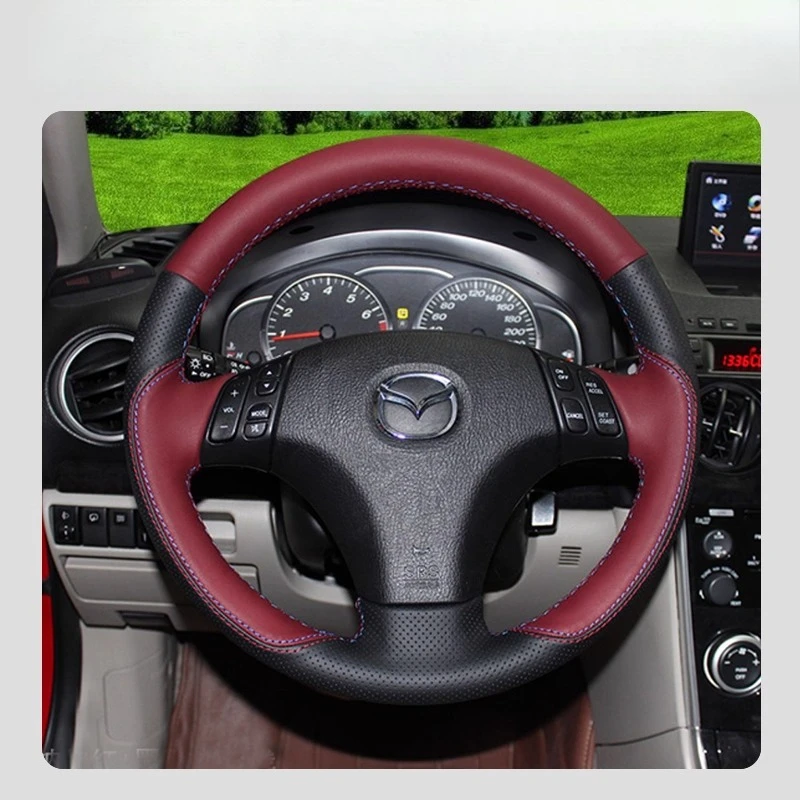Для Mazda 3 2003-2009 Mazda 5 6 2002-2006, прошитый вручную противоскользящий винно-красный черный чехол на руль автомобиля из натуральной кожи 
Для Mazda 3 2003-2009 Mazda 5 6 2002-2006, прошитый вручную противоскользящий винно-красный черный чехол на руль автомобиля из натуральной кожи
