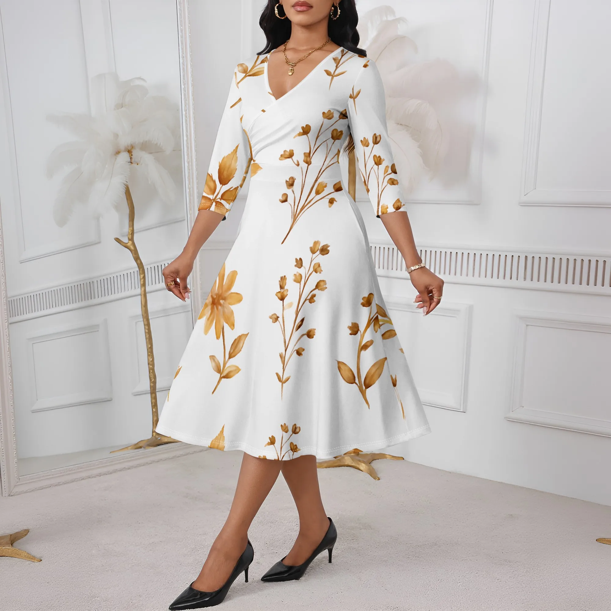 White & Gold Floral Midi Dress XS-3XL V-Neck A-Line Style for Church Look, Thanksgiving or Mother's Day Brunch Gathering
White & Gold Floral Midi Dress XS-3XL V-Neck A-Line Style for Church Look, Thanksgiving or Mother's Day Brunch Gathering
