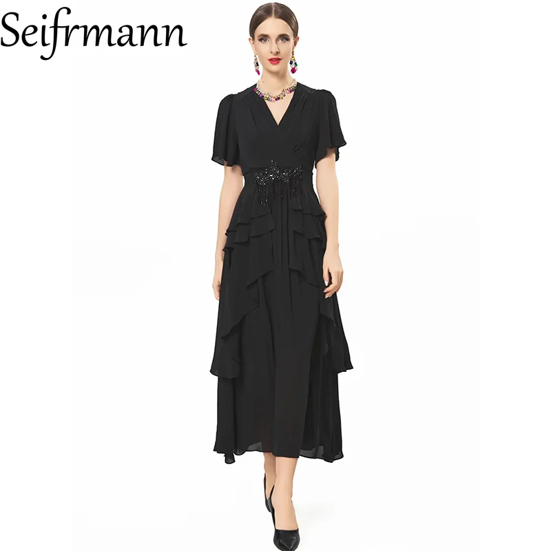 Seifrmann 2026 Summer Women's New Fashionable V-neck Short sleeved Nail Beaded Waist cinching Long Dress
Seifrmann 2026 Summer Women's New Fashionable V-neck Short sleeved Nail Beaded Waist cinching Long Dress